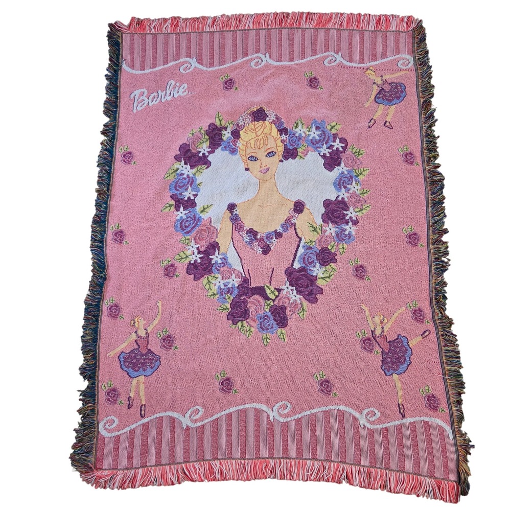 Vtg Barbie Ballerina Woven Tapestry Throw Blanket Pink Floral 90s NW Co 60x42